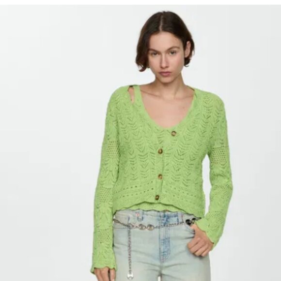 NWT MANGO Sito Crochet Cardigan Lime Green Oversized - Picture 1 of 9